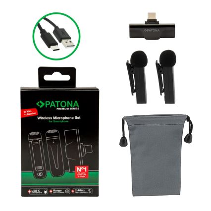 PATONA - SET 2x Micrófono inalámbrico con clip para smartphones USB-C 5V 50 mAh