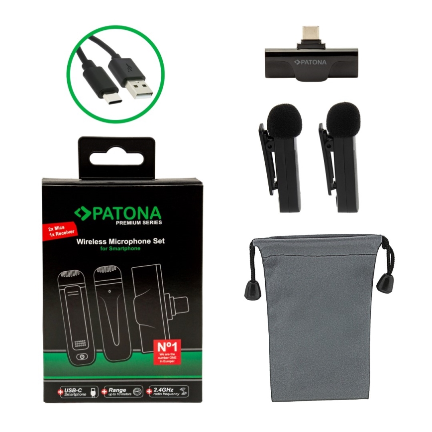 PATONA - SET 2x Micrófono inalámbrico con clip para smartphones USB-C 5V 50 mAh