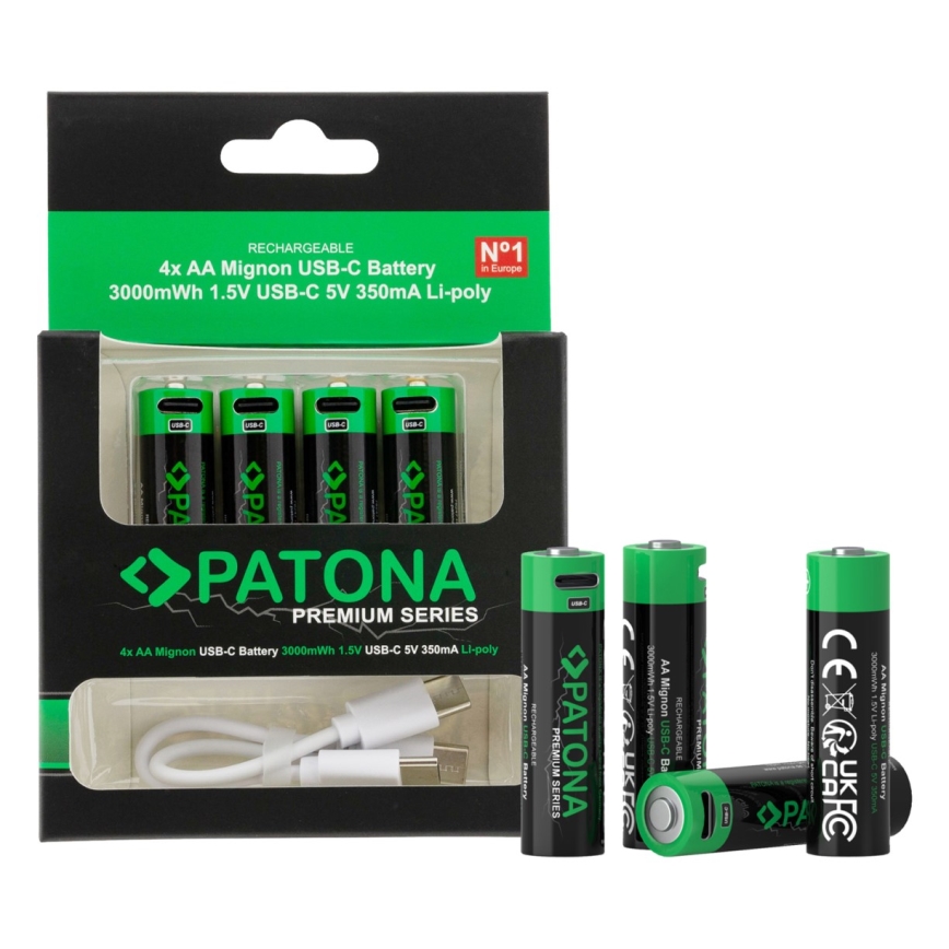 PATONA - SET 4x Batería AA/LR6 Li-Pol 2000mAh 1,5Vs con carga USB-C
