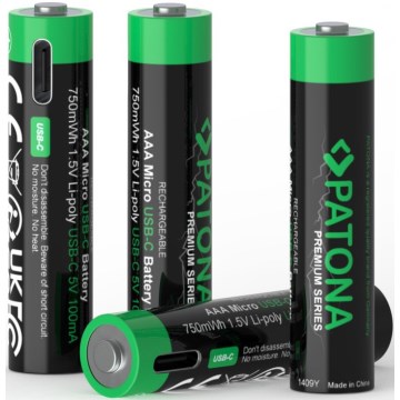 PATONA - SET 4x Batería AAA/LR03 Li-Pol 500mAh 1,5V con carga USB-C