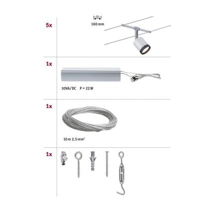 Paulmann 3981 - Set con 5 LEDs de 4 W, sistema completo de suspensión por cable TUBE 230V, cromo mate/negro