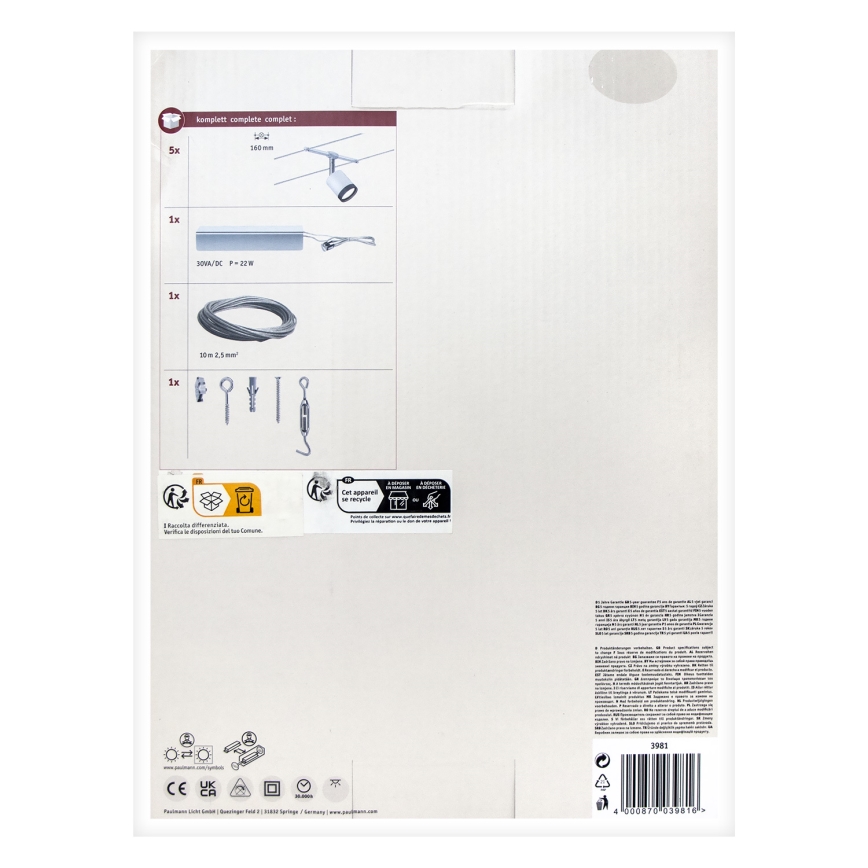 Paulmann 3981 - Set con 5 LEDs de 4 W, sistema completo de suspensión por cable TUBE 230V, cromo mate/negro