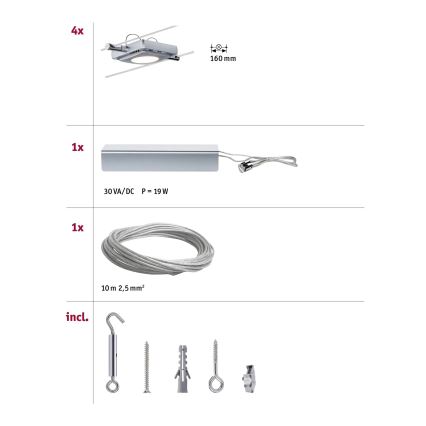 Paulmann 94107 - Set de 4 x LED de 4,3 W, sistema completo de cableado MAC 230V, cromo mate