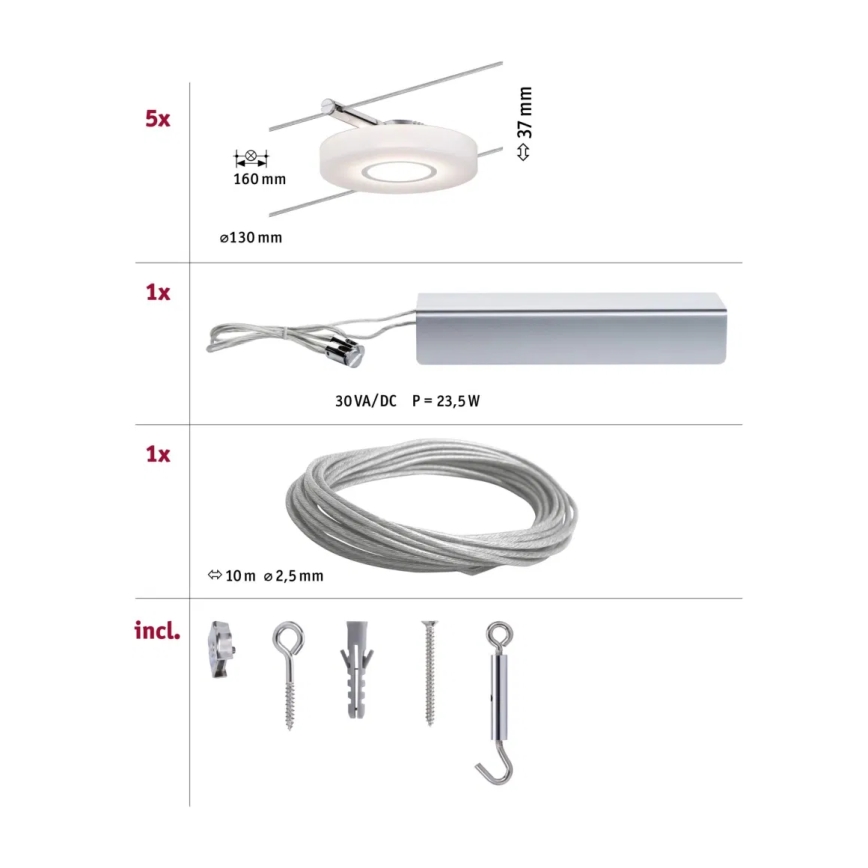 Paulmann 94109 - Set de 5 LEDs de 4,3 W, sistema de cable completo MAC, 230 V, blanco