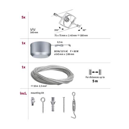 Paulmann 94133 - Juego de 5xGU5,3/10W Sistema completo de suspensión por cable MAC 230V cromo mate