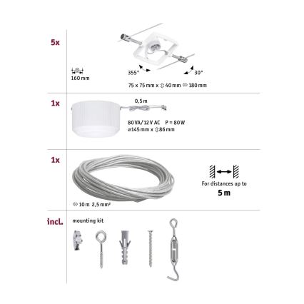 Paulmann 94134 - Juego de 5xGU5,3/10W Sistema completo de cableado MAC 230V blanco
