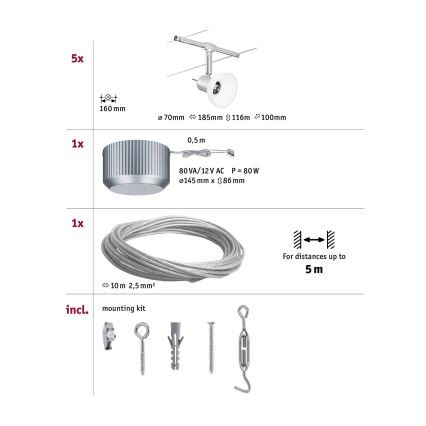 Paulmann 94136 - Juego de 5x GU5,3/10W, sistema de suspensión con cable completo SHEELA 230V, cromo brillante