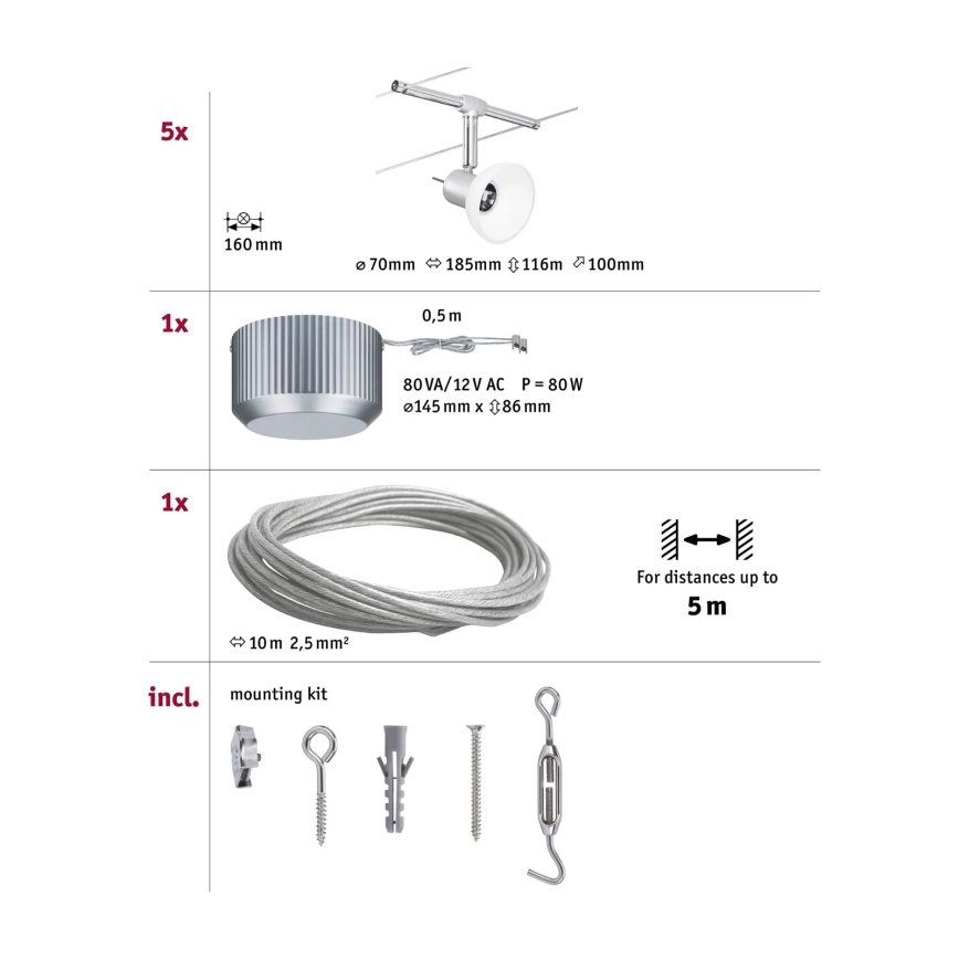 Paulmann 94136 - Juego de 5x GU5,3/10W, sistema de suspensión con cable completo SHEELA 230V, cromo brillante
