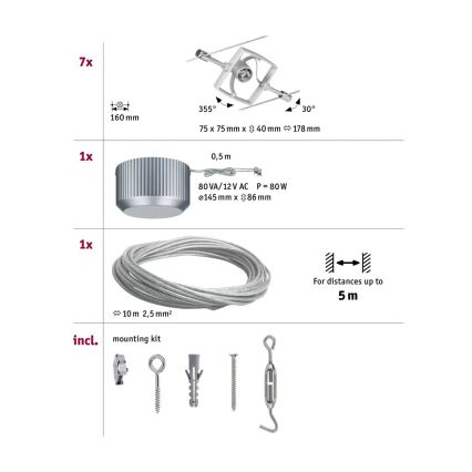 Paulmann 94152 - Juego completo de sistema de cable MAC 230V 7xGU5,3/10W, cromo mate