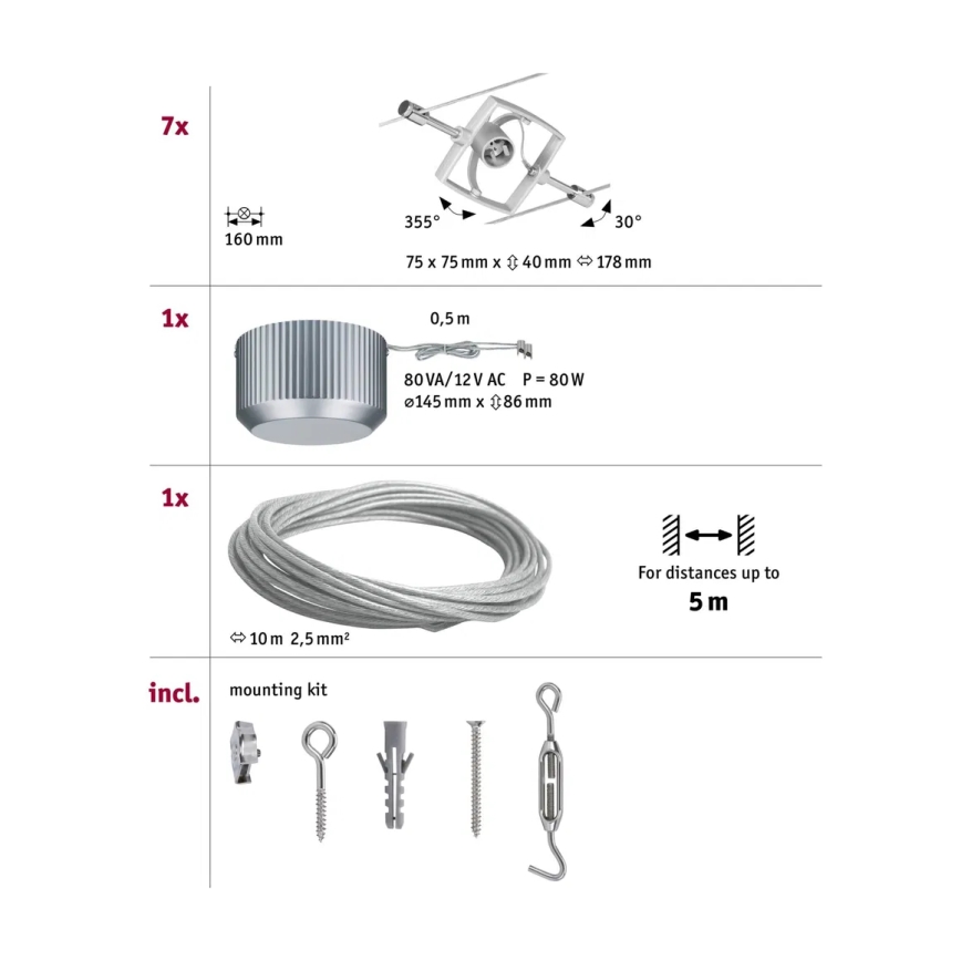 Paulmann 94152 - Juego completo de sistema de cable MAC 230V 7xGU5,3/10W, cromo mate