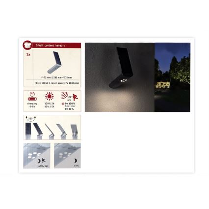 Paulmann 94261 - LED/1,2W IP44 Aplique solar con sensor ILIAS 3,7V 1800 mAh