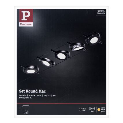 Paulmann 94418 - Juego de 5xLED/4,5W, sistema completo de suspensión por cable ROUNDMAC 230V, negro
