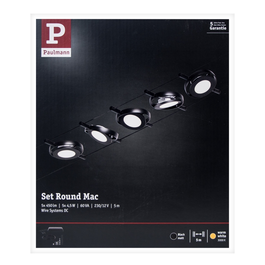 Paulmann 94418 - Juego de 5xLED/4,5W, sistema completo de suspensión por cable ROUNDMAC 230V, negro