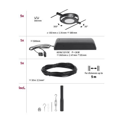 Paulmann 94418 - Juego de 5xLED/4,5W, sistema completo de suspensión por cable ROUNDMAC 230V, negro