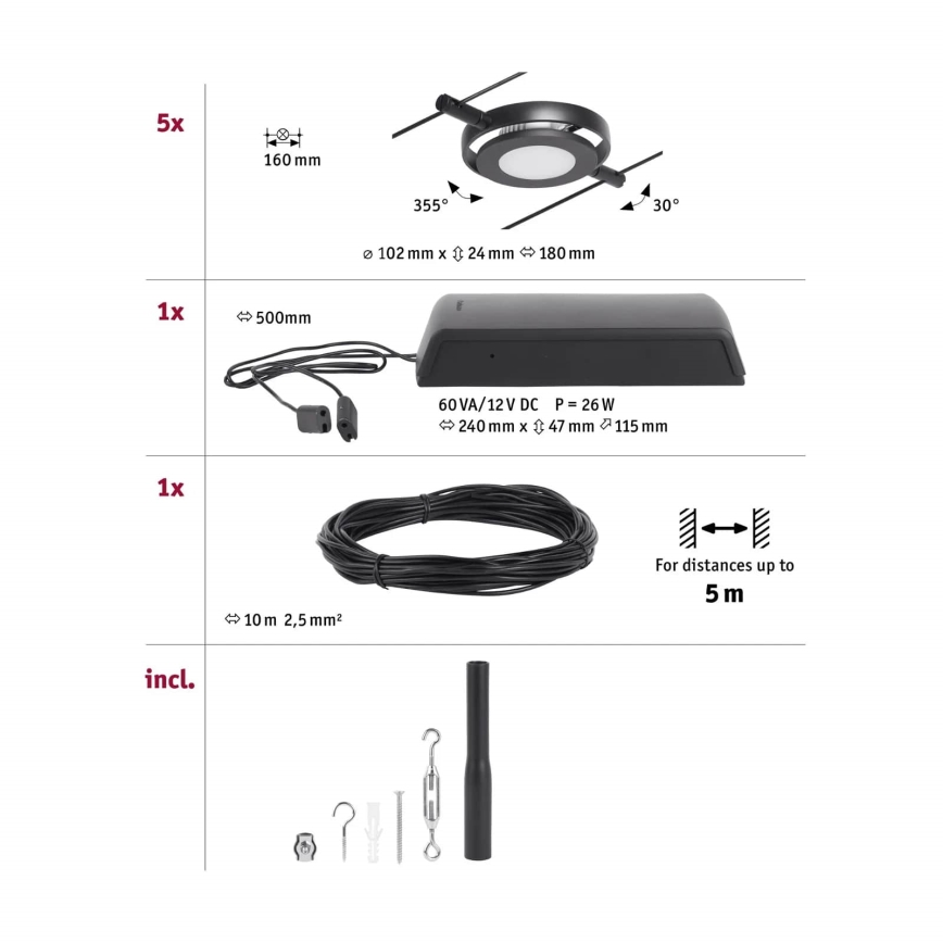 Paulmann 94418 - Juego de 5xLED/4,5W, sistema completo de suspensión por cable ROUNDMAC 230V, negro