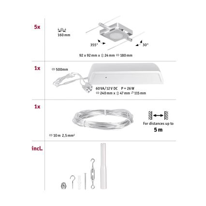 Paulmann 94420 - Set de 5 LED de 4,5W, sistema completo de cable MAC 230V, cromo mate