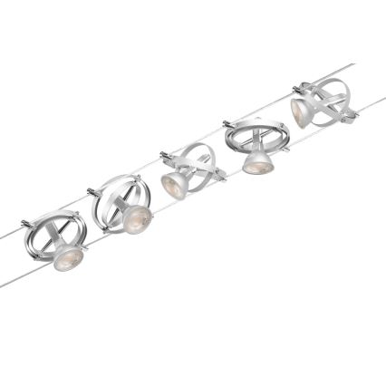 Paulmann 94436 - Juego de 5 x GU5.3/10W, sistema de suspensión por cable completo CARDAN 230V, cromo mate