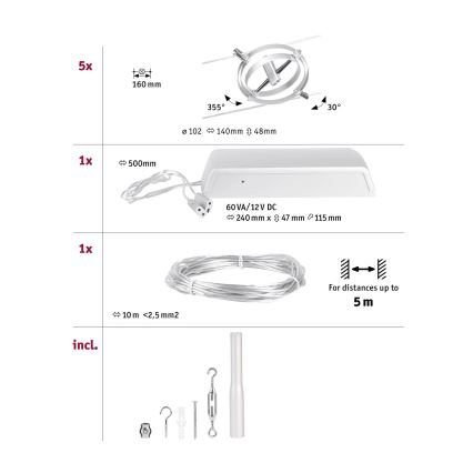 Paulmann 94436 - Juego de 5 x GU5.3/10W, sistema de suspensión por cable completo CARDAN 230V, cromo mate