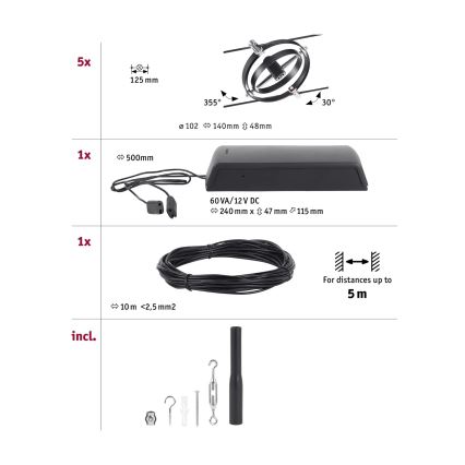Paulmann 94440 - Juego de 5xGU5,3/10W Sistema de cable CARDAN completo 230V negro