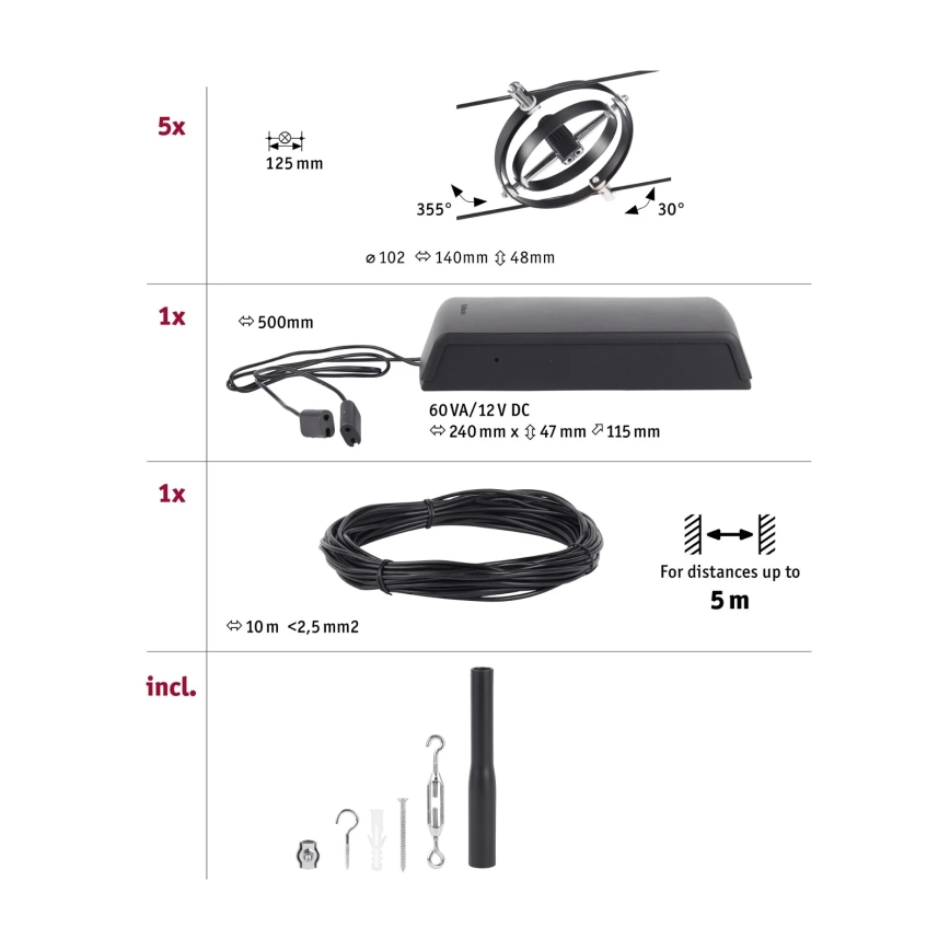 Paulmann 94440 - Juego de 5xGU5,3/10W Sistema de cable CARDAN completo 230V negro