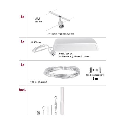 Paulmann 94442 - Kit completo SALT para sistema de suspensión por cable, 5x GU5,3/10W, 230V, cromo mate