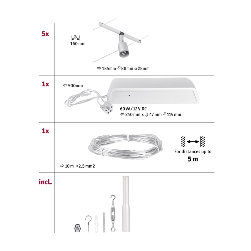 Paulmann 94442 - Kit completo SALT para sistema de suspensión por cable, 5x GU5,3/10W, 230V, cromo mate