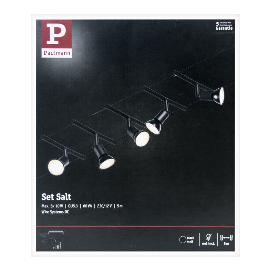 Paulmann 94446 - Set de 5x GU5,3/10W, sistema de suspensión por cable completo SALT 230V, negro