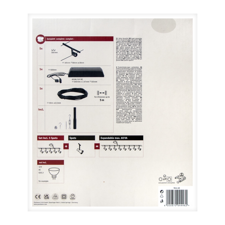 Paulmann 94446 - Set de 5x GU5,3/10W, sistema de suspensión por cable completo SALT 230V, negro