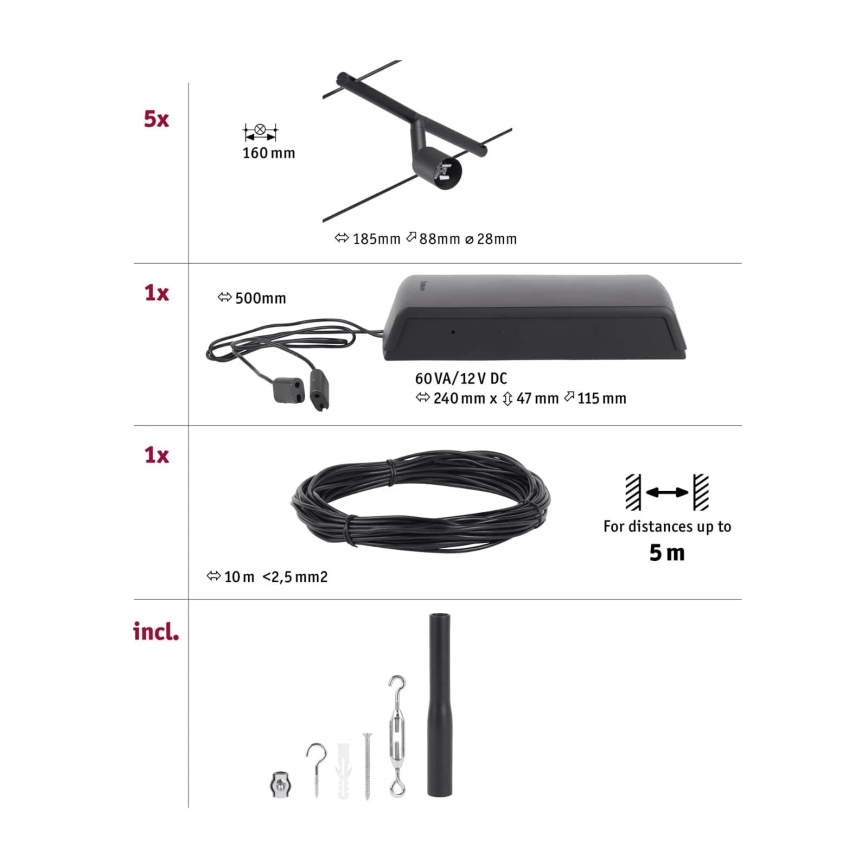 Paulmann 94446 - Set de 5x GU5,3/10W, sistema de suspensión por cable completo SALT 230V, negro