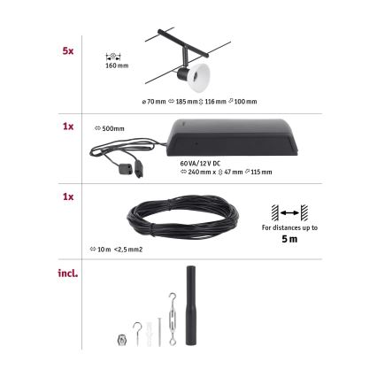 Paulmann 94450 - Juego de 5x GU5,3/10W, sistema de cable completo SHEELA 230V, negro