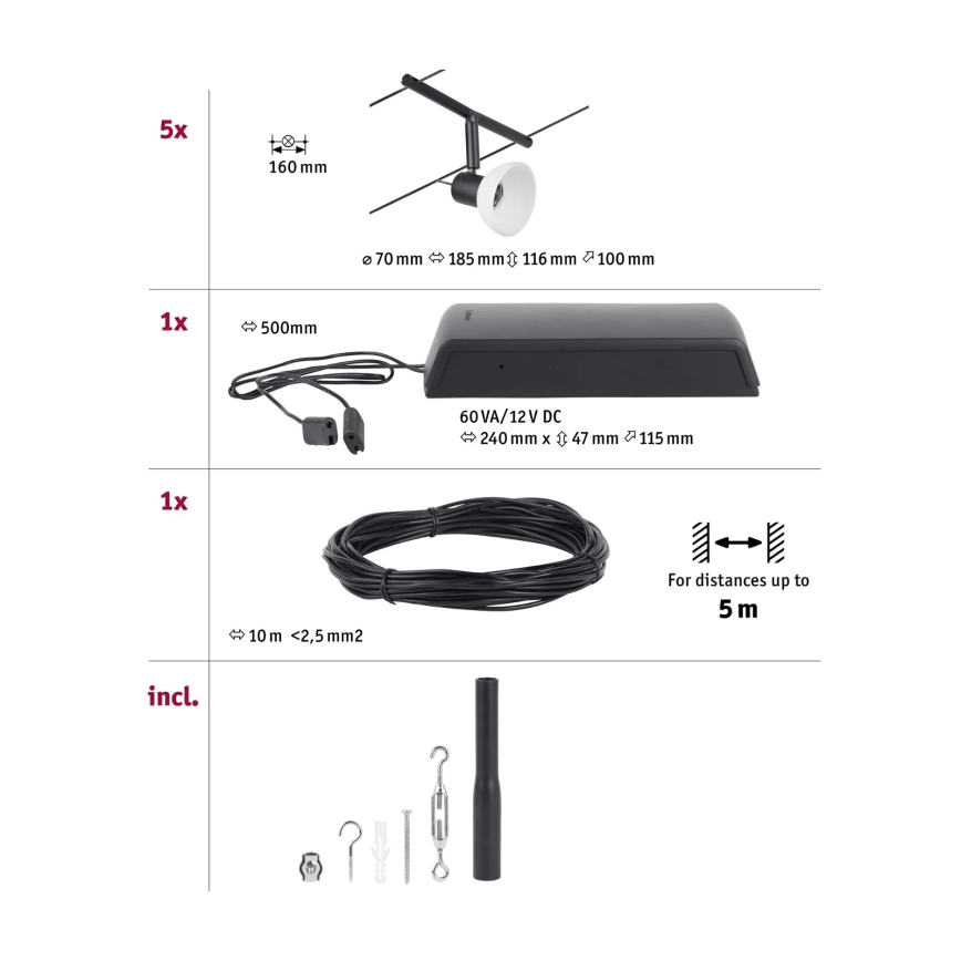 Paulmann 94450 - Juego de 5x GU5,3/10W, sistema de cable completo SHEELA 230V, negro
