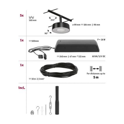 Paulmann 94479 - Juego de 5 LEDs de 5 W, sistema completo de cable CIRCLE 230 V, negro