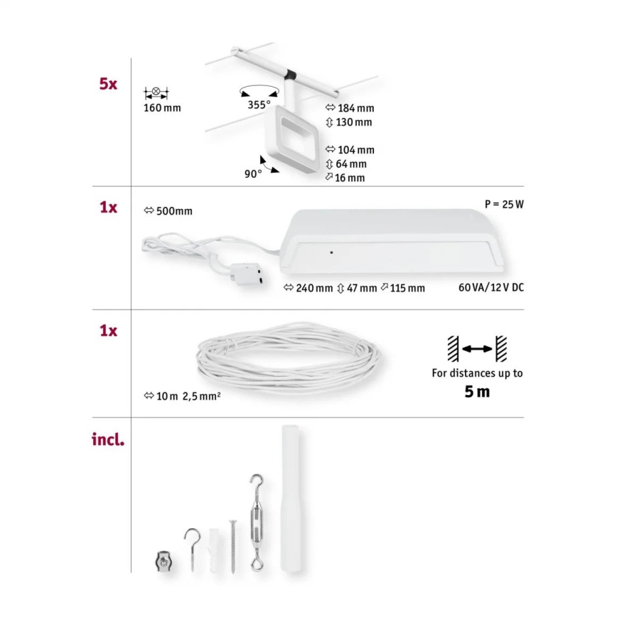 Paulmann 94483 - Juego 5xLED/4,8W Sistema de cableado completo FRAME 230V blanco