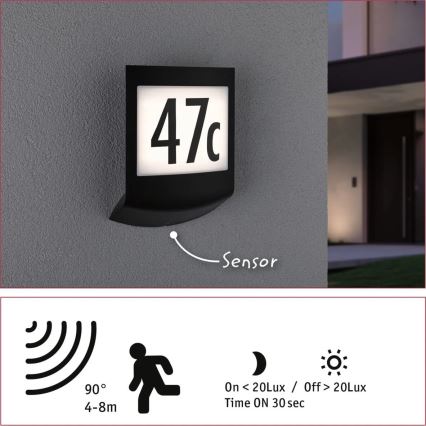Paulmann 94513 - Luminaria regulable para número de casa RGBW LED/8,2W IP44 con sensor de movimiento y de crepúsculo PADEA 230V antracita