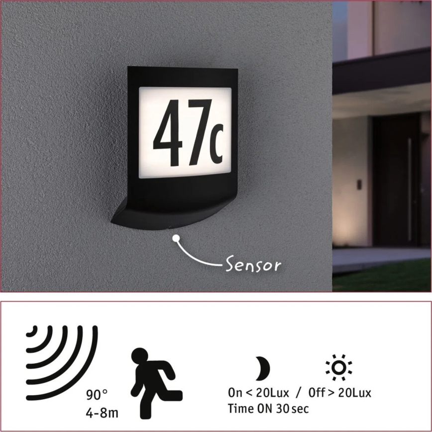 Paulmann 94513 - Luminaria regulable para número de casa RGBW LED/8,2W IP44 con sensor de movimiento y de crepúsculo PADEA 230V antracita