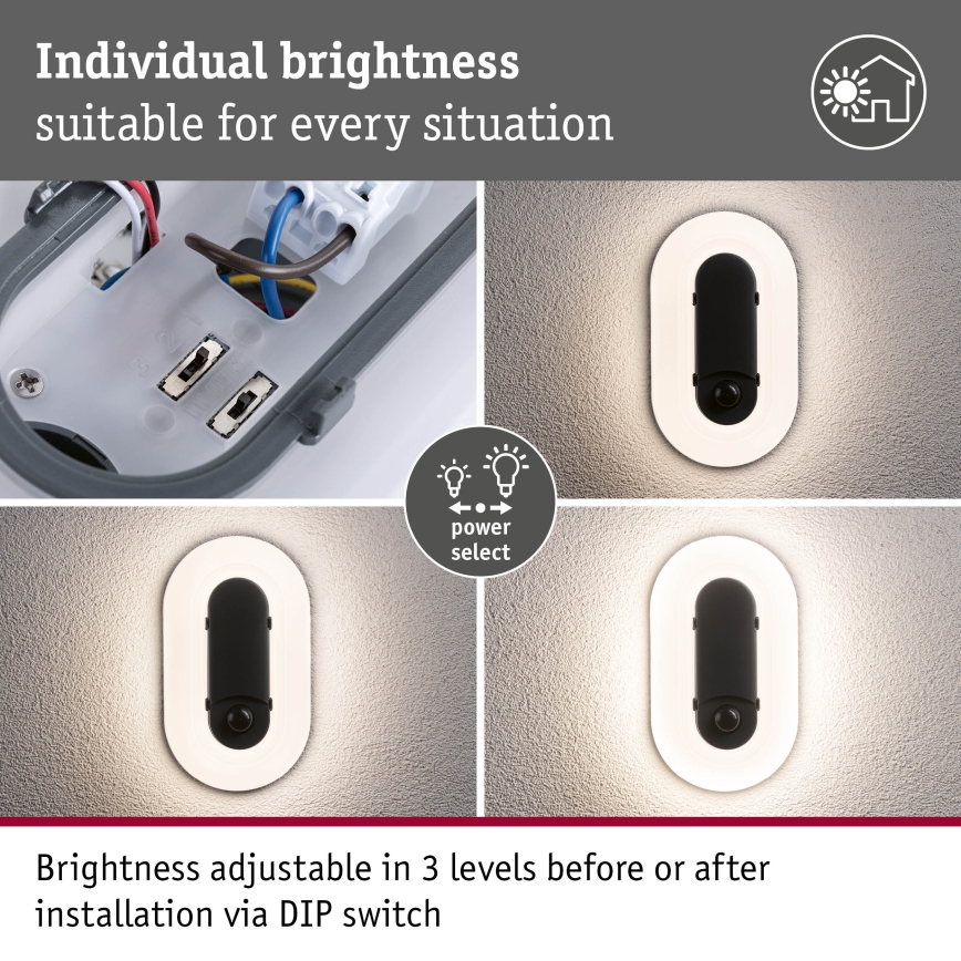 Paulmann 94958 - LED/18,5W IP65 Aplique de pared exterior regulable con sensor de movimiento y de crepúsculo ELUNOR 230V 2200/3000/4000K antracita
