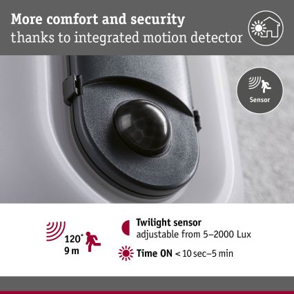 Paulmann 94958 - LED/18,5W IP65 Aplique de pared exterior regulable con sensor de movimiento y de crepúsculo ELUNOR 230V 2200/3000/4000K antracita