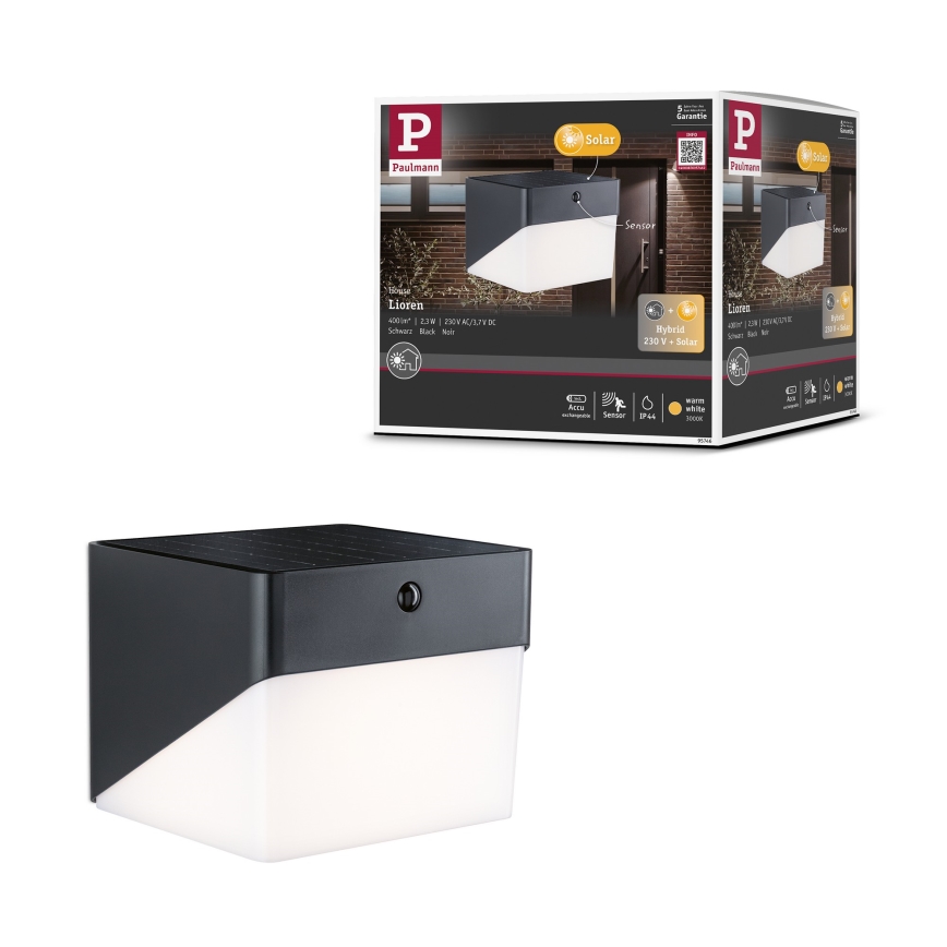 Paulmann 95746 - LED/2,3W IP44 Aplique solar de pared con sensor EILEEN 3,7/230V 4000 mAh negro