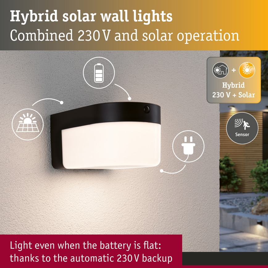 Paulmann 95747 - LED/2,3W IP44 Aplique de pared solar con sensor CALYNE 3,7/230V 4000 mAh negro