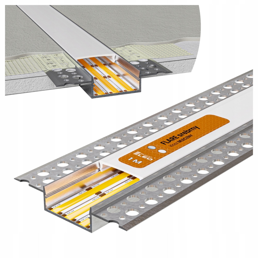 Perfil empotrable para tiras LED, 1 m, plateado/blanco