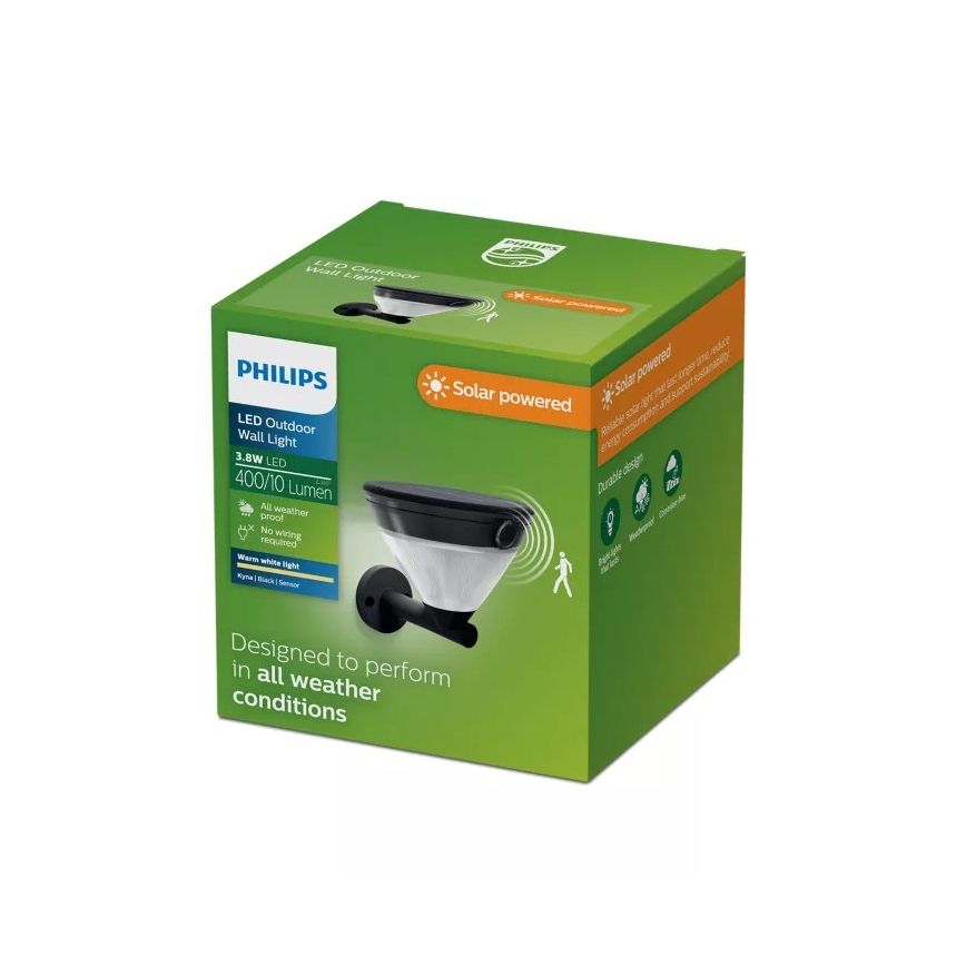 Philips - Lámpara de pared solar LED con sensor KYNA LED/3,8W/3,7V 800 mAh 2700K IP44 negra