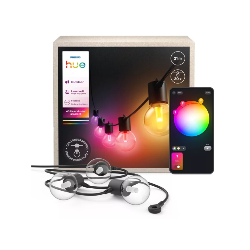 Philips - Hue FESTAVIA Guirnalda de exterior regulable LED RGBW, 30 LEDs, 21 m, IP65