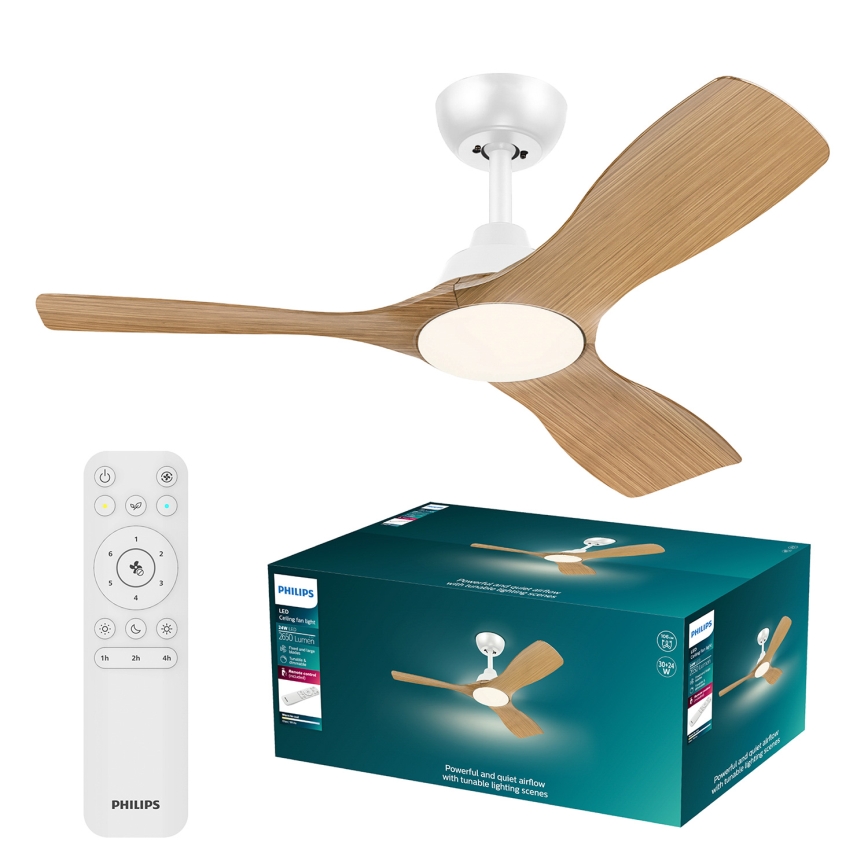 Philips - ventilador de techo LED regulable OLAS LED/24W/230V, diámetro 106 cm, blanco/marrón + mando a distancia