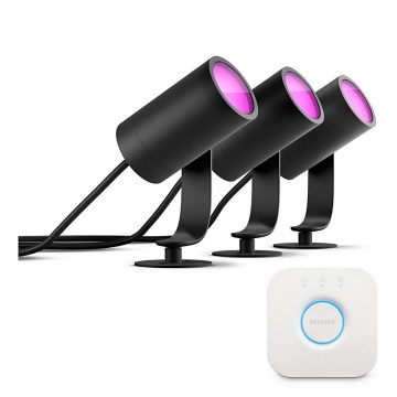 Philips - Pack de 3 focos LED RGB regulables Hue LILY, 8 W, 230 V, 2200–6500 K, IP65 + Hue Bridge