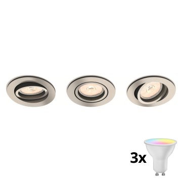 Philips - Pack de 3 luminarias empotrables LED RGBW regulables 1xGU10/4,8W/230V cromo mate + mando a distancia
