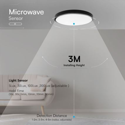Plafón LED de baño con sensor SAMSUNG CHIP LED/36W/230V IP44 4000K diá. 42 cm negro + control remoto