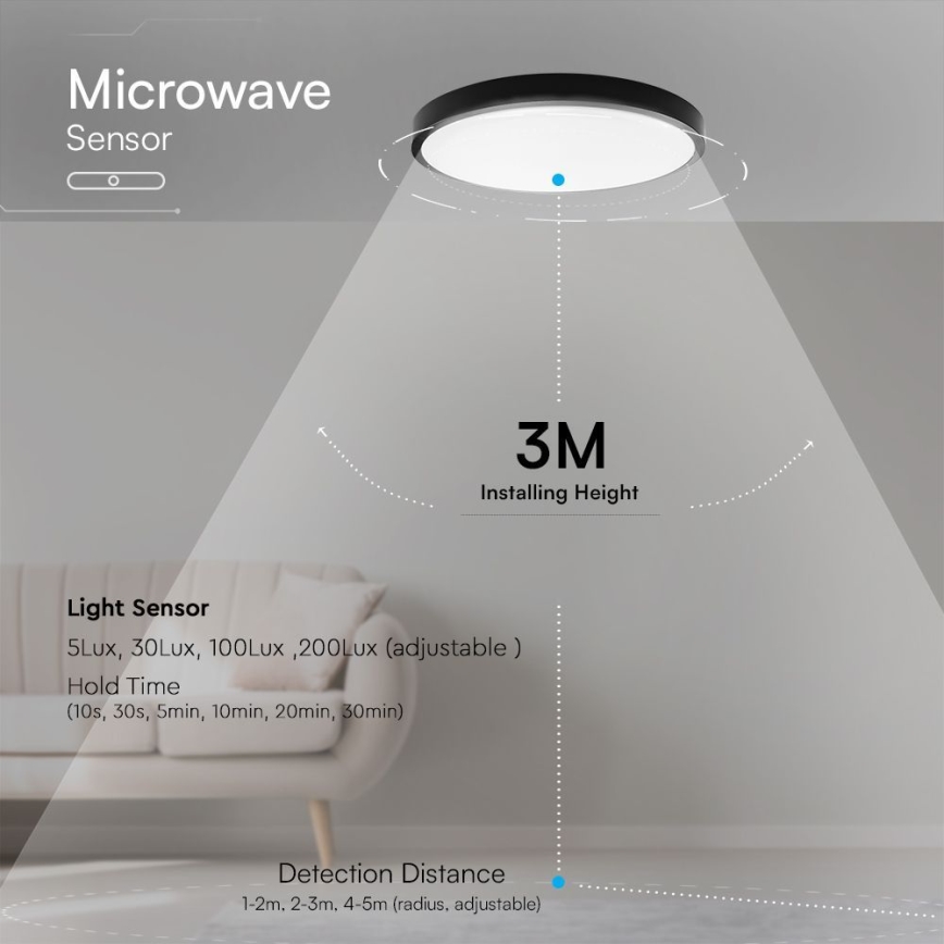 Plafón LED de baño con sensor SAMSUNG CHIP LED/36W/230V IP44 4000K diá. 42 cm negro + control remoto