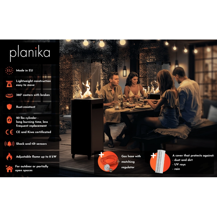 Planika Faro GAS - Chimenea de gas para exterior 142x36 cm 8kW gris + funda protectora