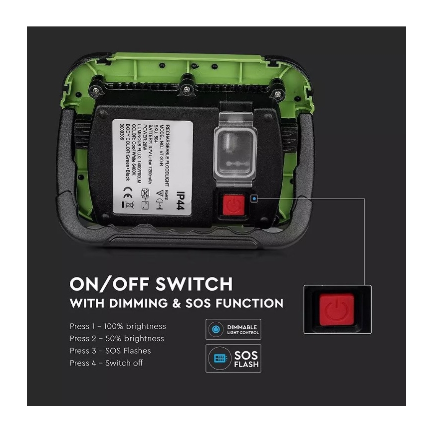 Proyector LED recargable y regulable SAMSUNG CHIP + función SOS LED/20W/3,7V/USB IP44 4000K 7200 mAh verde