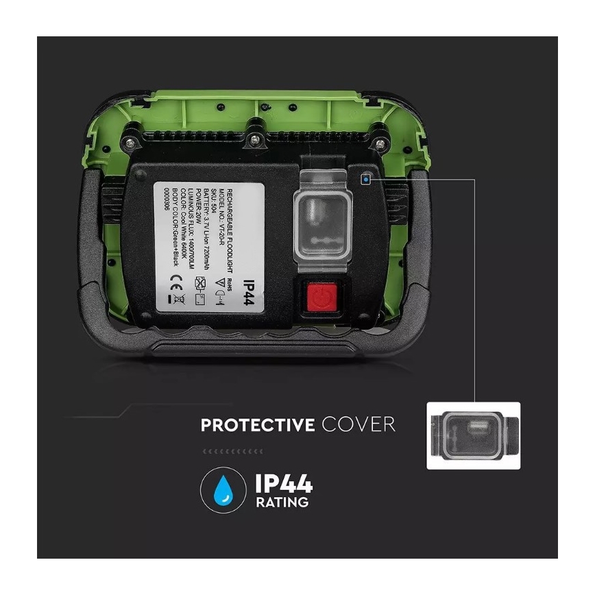 Proyector LED recargable y regulable SAMSUNG CHIP + función SOS LED/20W/3,7V/USB IP44 4000K 7200 mAh verde